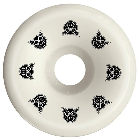 White wheel with black pig designs on a white background