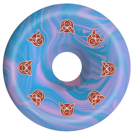 Marbled blue and purple wheel with red pig icons on a white background