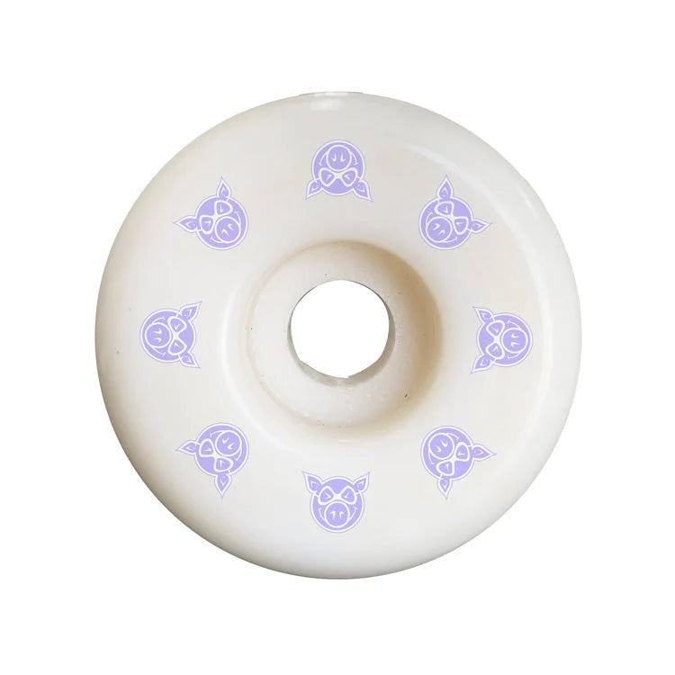 White skateboard wheel with purple symbols on a white background