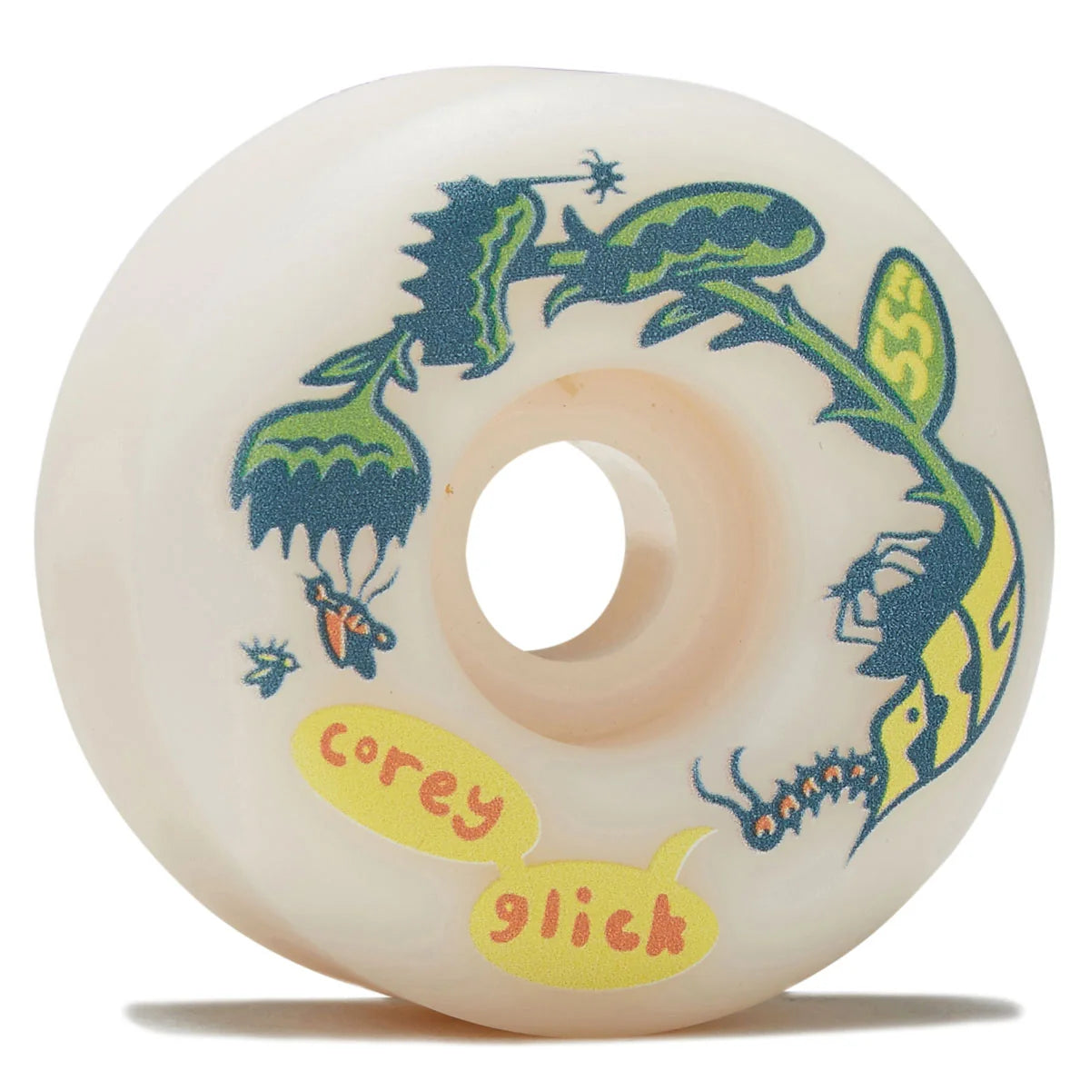 A single cream-colored skateboard wheel with a central hole, featuring a graphic design of green caterpillars on a yellow vine and the text 'corey slick' in orange on yellow speech bubbles.