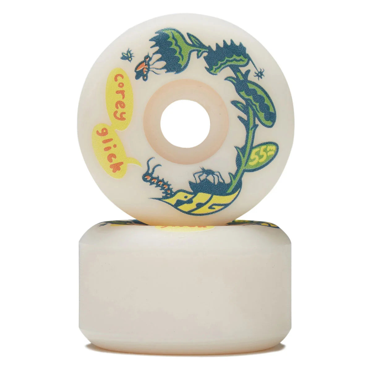 A pair of Corey glick skateboard wheels stacked vertically on a white background. 