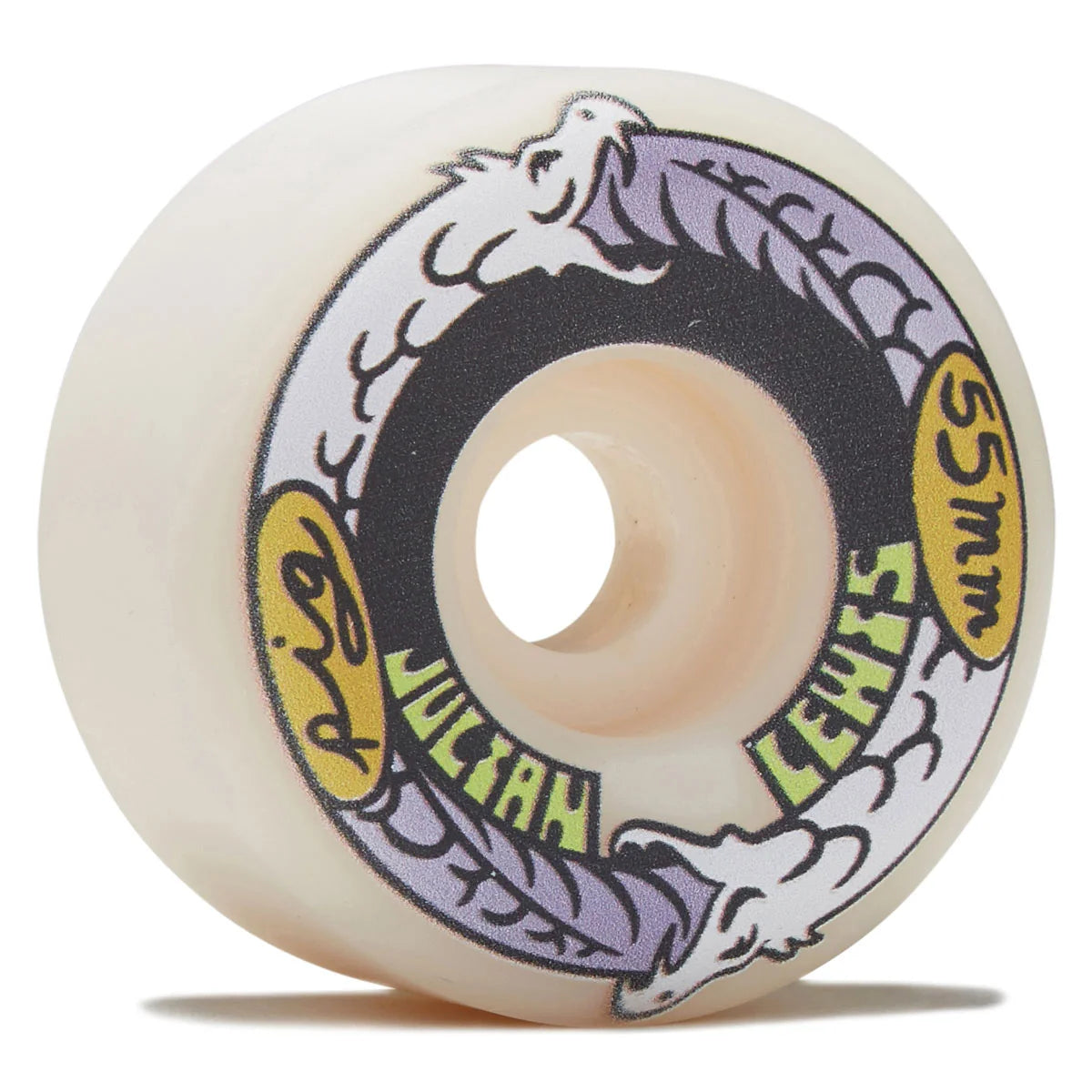 A single skateboard wheel, featuring a translucent cream-colored urethane body with a printed graphic of a white dragon, a black ring, and yellow and green text details.