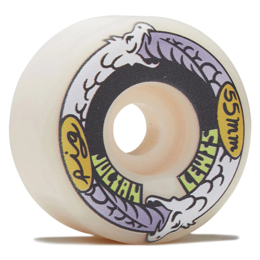 A single skateboard wheel, featuring a translucent cream-colored urethane body with a printed graphic of a white dragon, a black ring, and yellow and green text details.