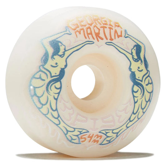 An off-white skateboard wheel featuring a blue mermaid design and orange text reading 'GEORGia MARTIN' and '54M'.