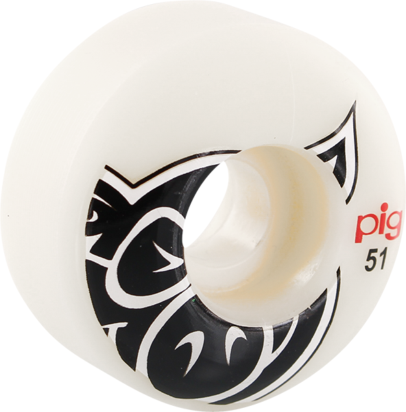 White skateboard wheel with black tribal design and 'pig' branding on a white background