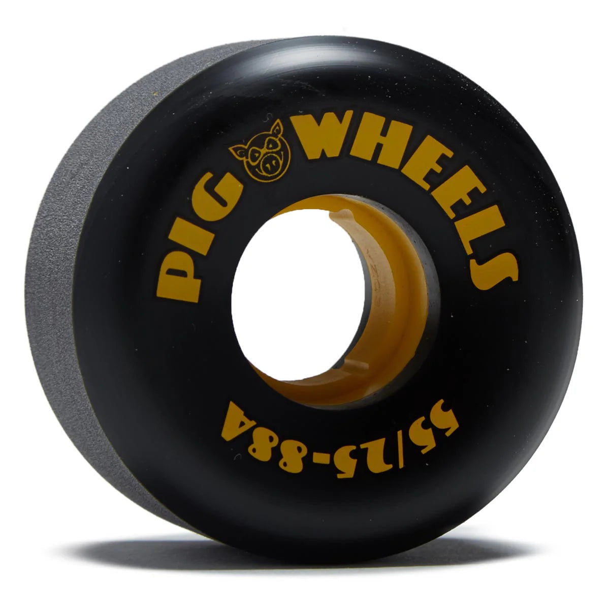 Black wheel with yellow text and 'Pig Wheels' logo on a white background