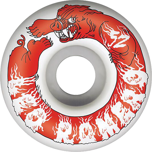 Skateboard wheel with red and white dragon design on a white background