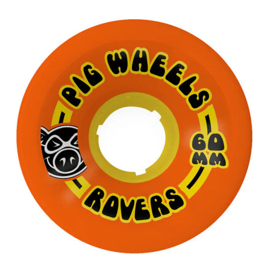 Orange wheel with 'Pig Wheels Rovers' branding on a white background