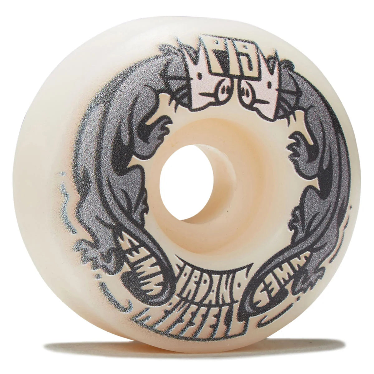 An off-white skateboard wheel featuring a black and gray graphic of two stylized pterodactyls facing each other, with the brand name 'SEMPER TURPIDEO DIFFICILIS' printed in black around the inner ring.