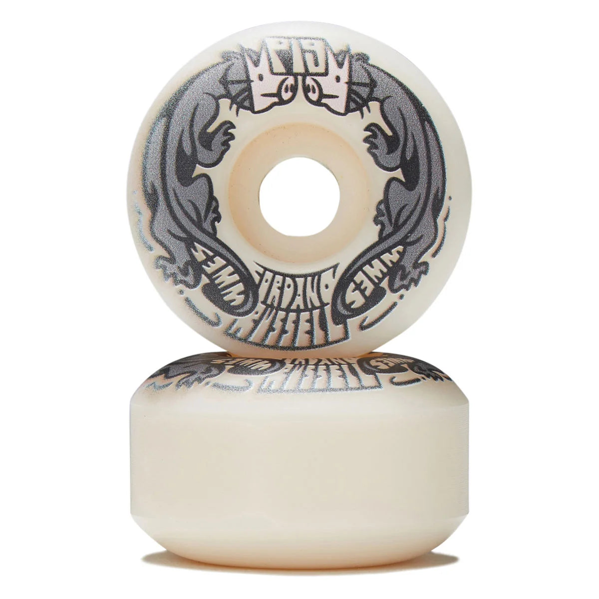 A pair of vintage-style skateboard wheels stacked vertically on a white background. The wheels are a warm cream/off-white color with a black graphic design featuring a crown logo at the top and the text 'MADNESS WHEELS' wrapped around the center.