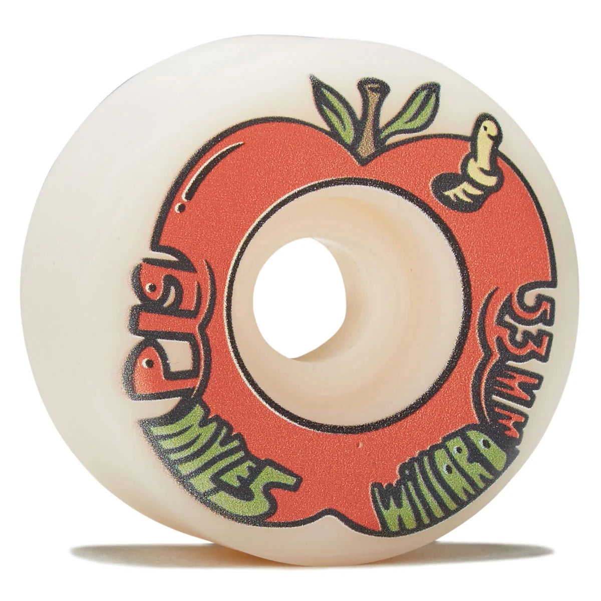A single skateboard wheel with a translucent off-white urethane body, featuring a graphic of a red apple with green leaves and stylized text reading 'APPLE' and 'MILES WILDERNESS' around the inner ring.
