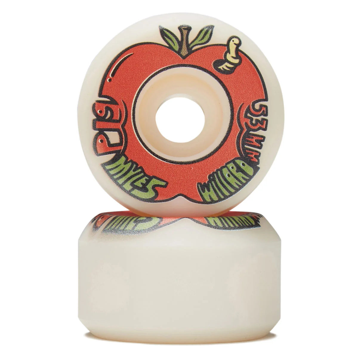 Two skateboard wheels stacked vertically on a white background, featuring a red apple graphic with the words 'Pip' and 'Wharton' in green and black.