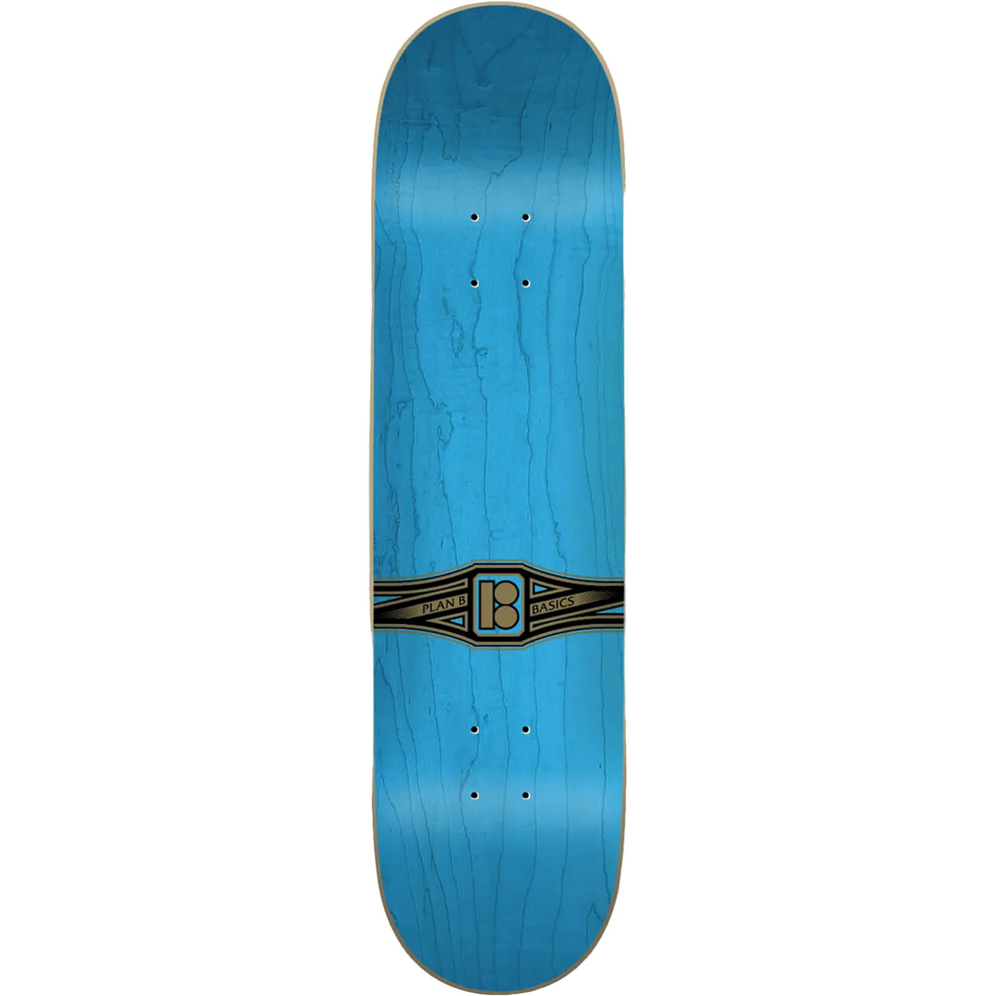 Blue skateboard deck with a brand logo on a white background
