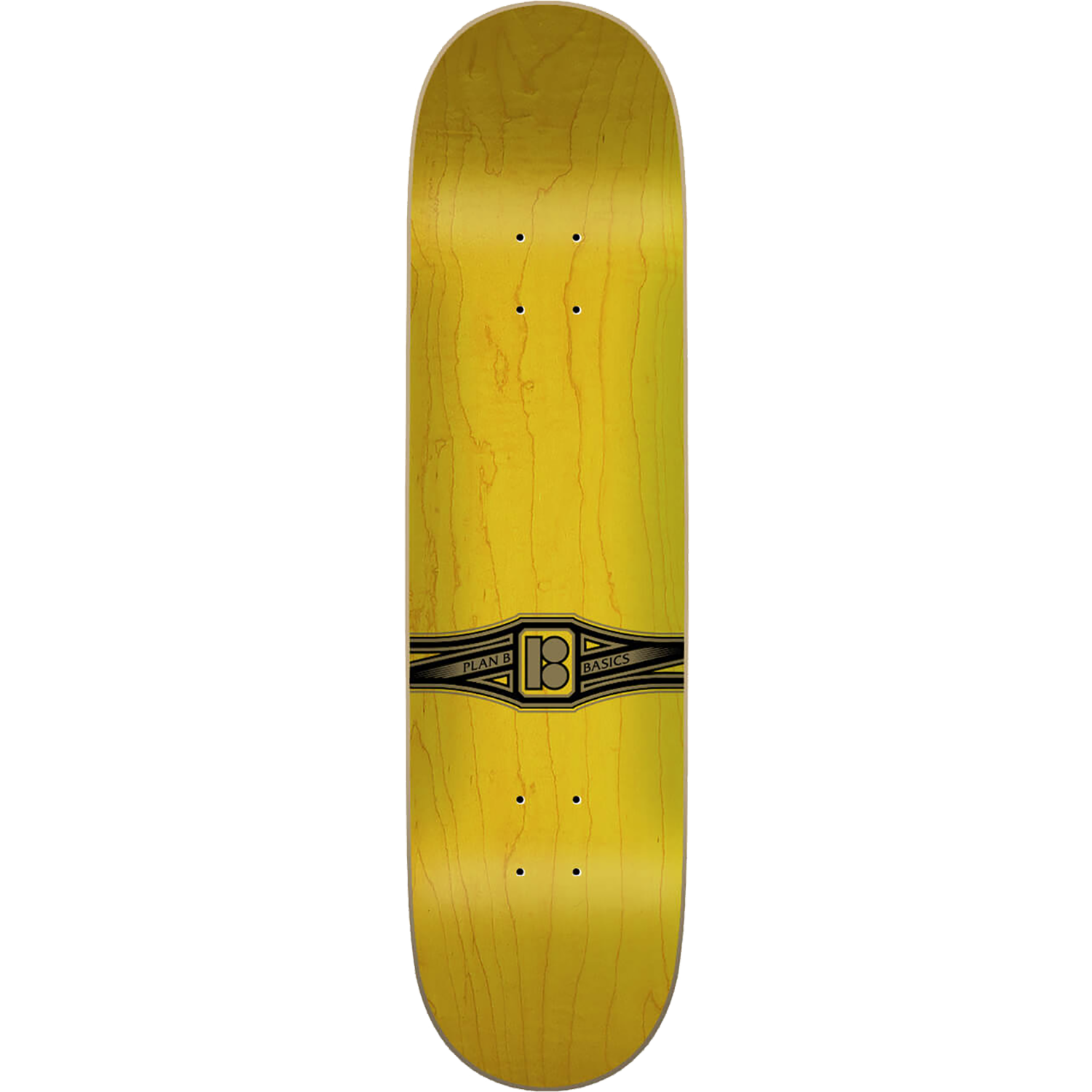 Yellow skateboard deck with a black logo on a white background