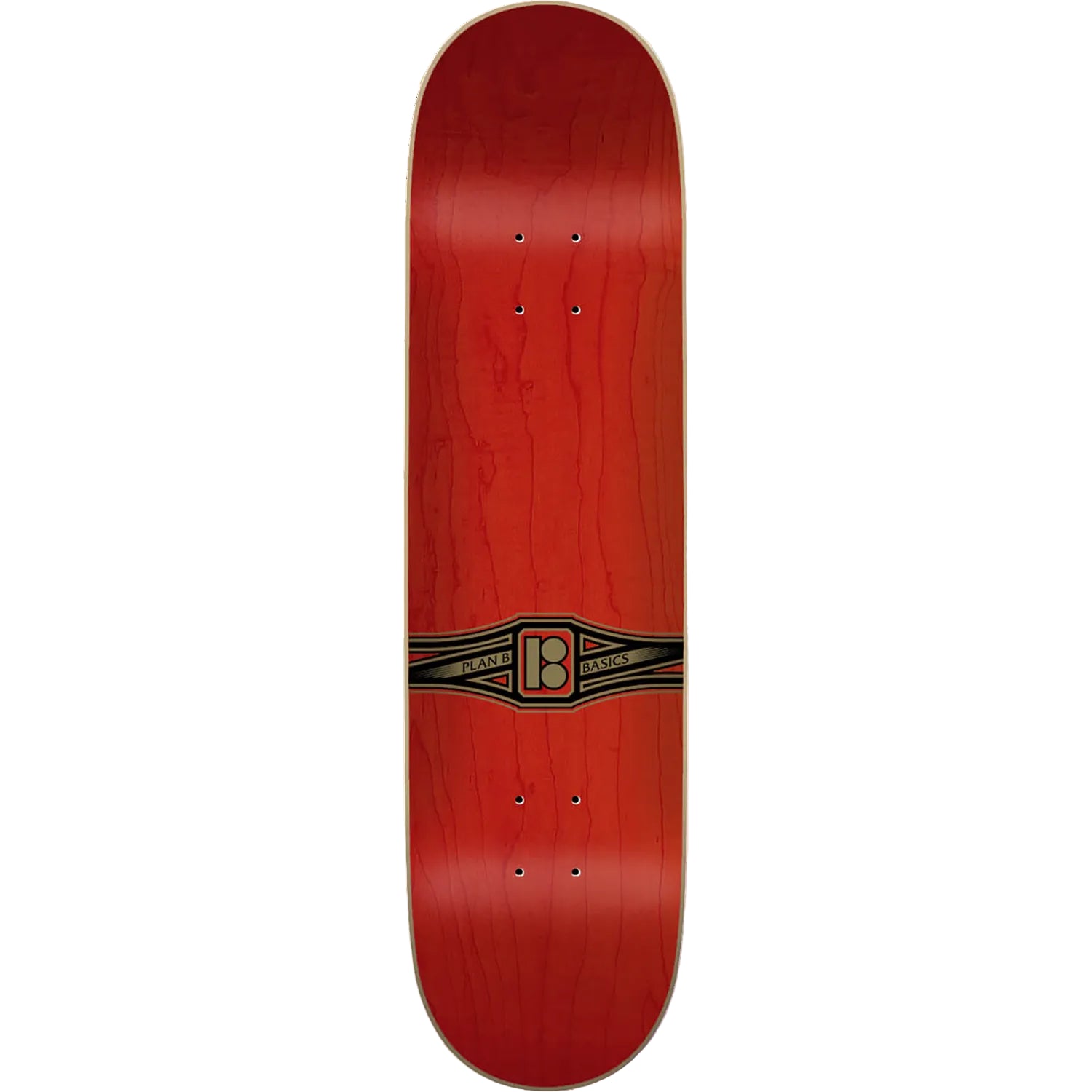 Red skateboard deck with a black and gold logo on a white background