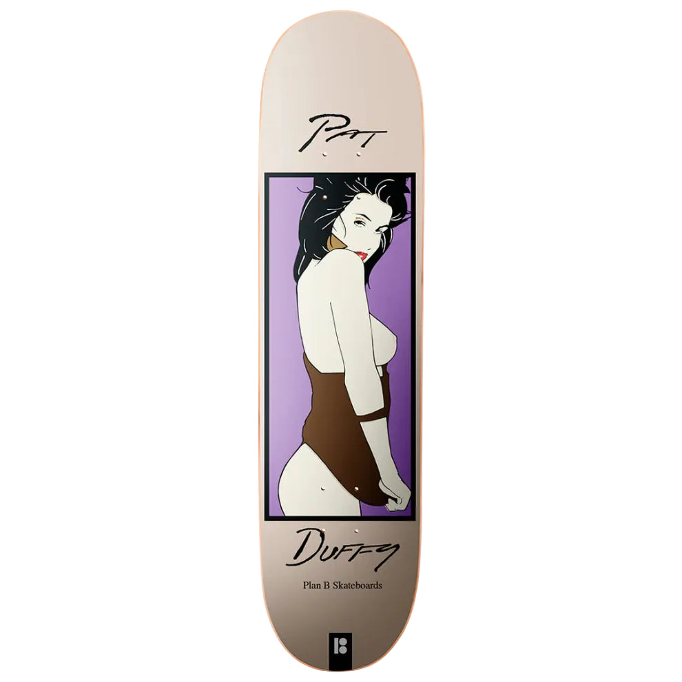 Skateboard deck with a graphic design of a stylized figure on a purple background, featuring the brand 'Duffy'.