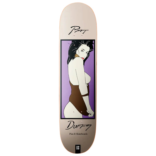 Skateboard deck with a graphic design of a stylized figure on a purple background, featuring the brand 'Duffy'.