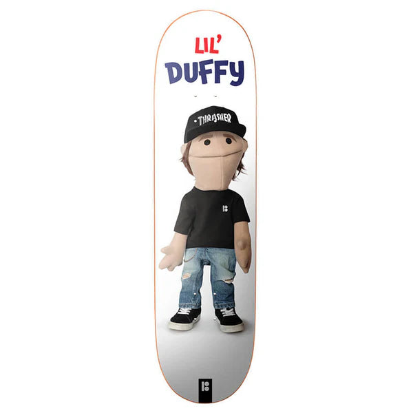 Skateboard with a plush toy figure wearing a black t-shirt and jeans, branded 'Lil Duffy' and 'Thrasher'.
