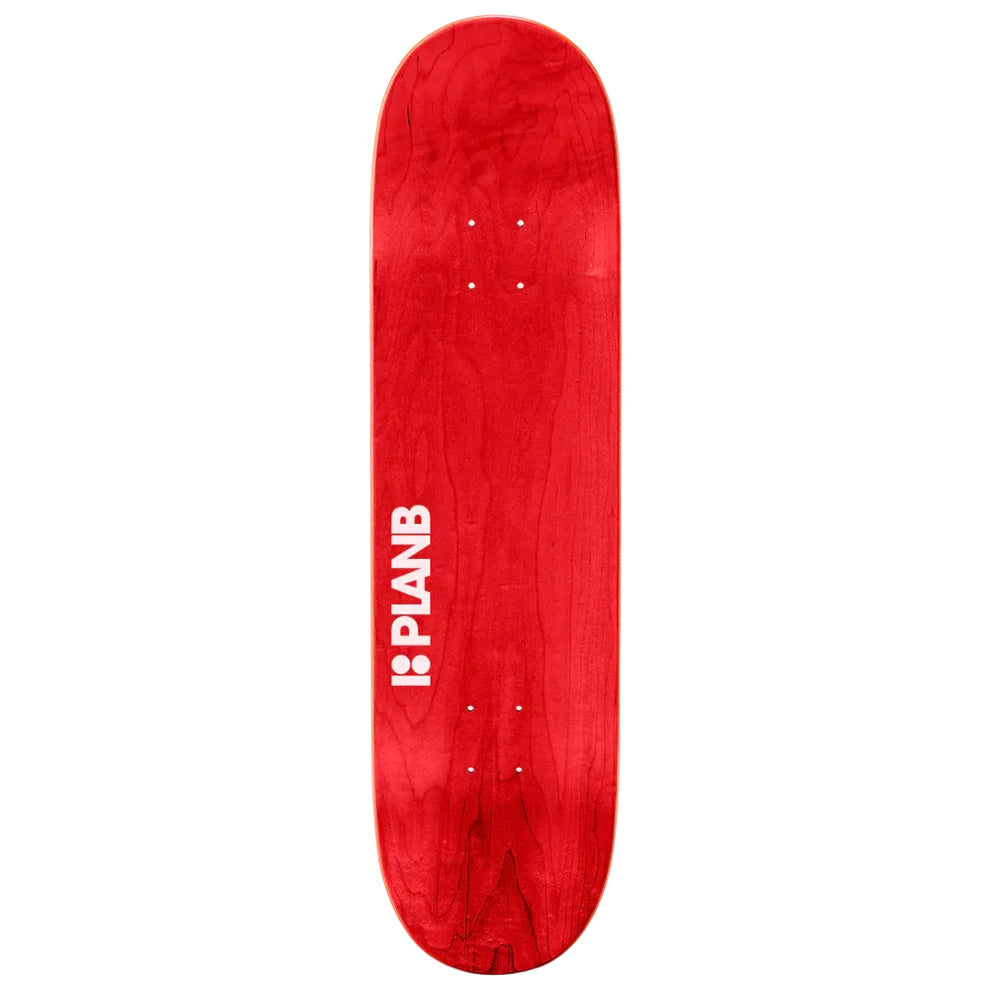 Red skateboard deck with a white logo on a white background
