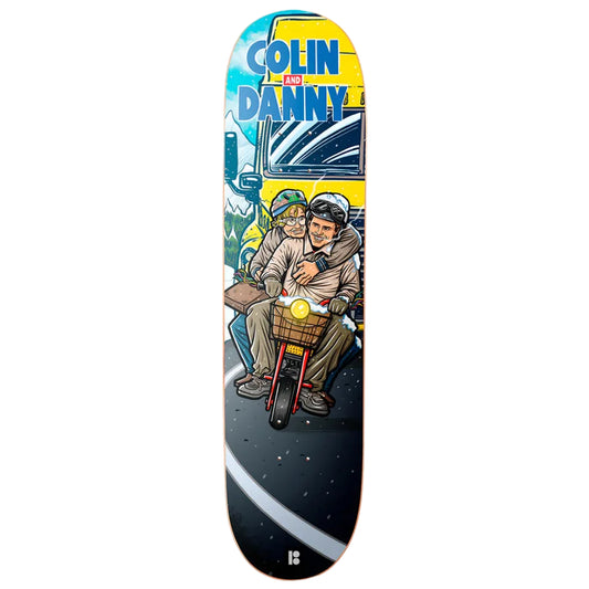 Skateboard deck with cartoon characters and 'Colin the Dandy' branding on a blue and yellow background.