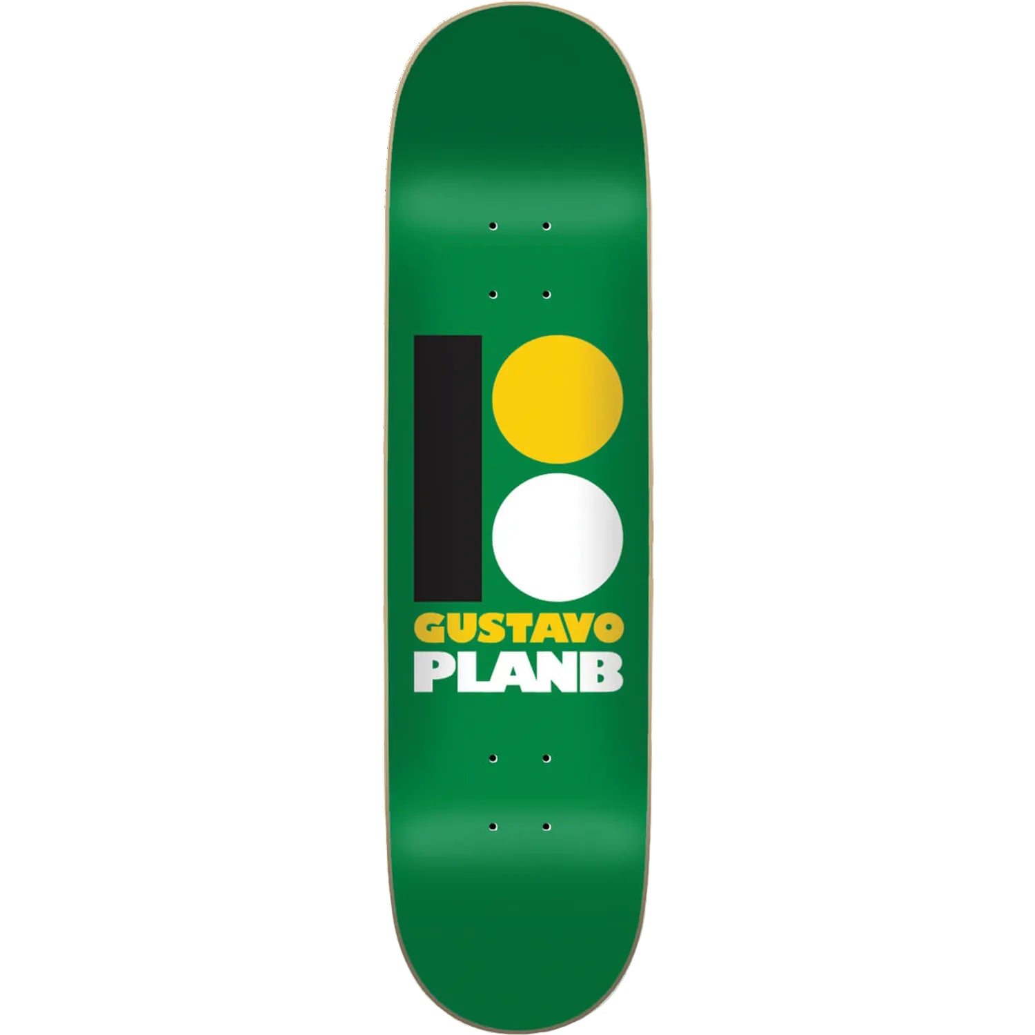 Green skateboard deck with colorful design and text on a white background