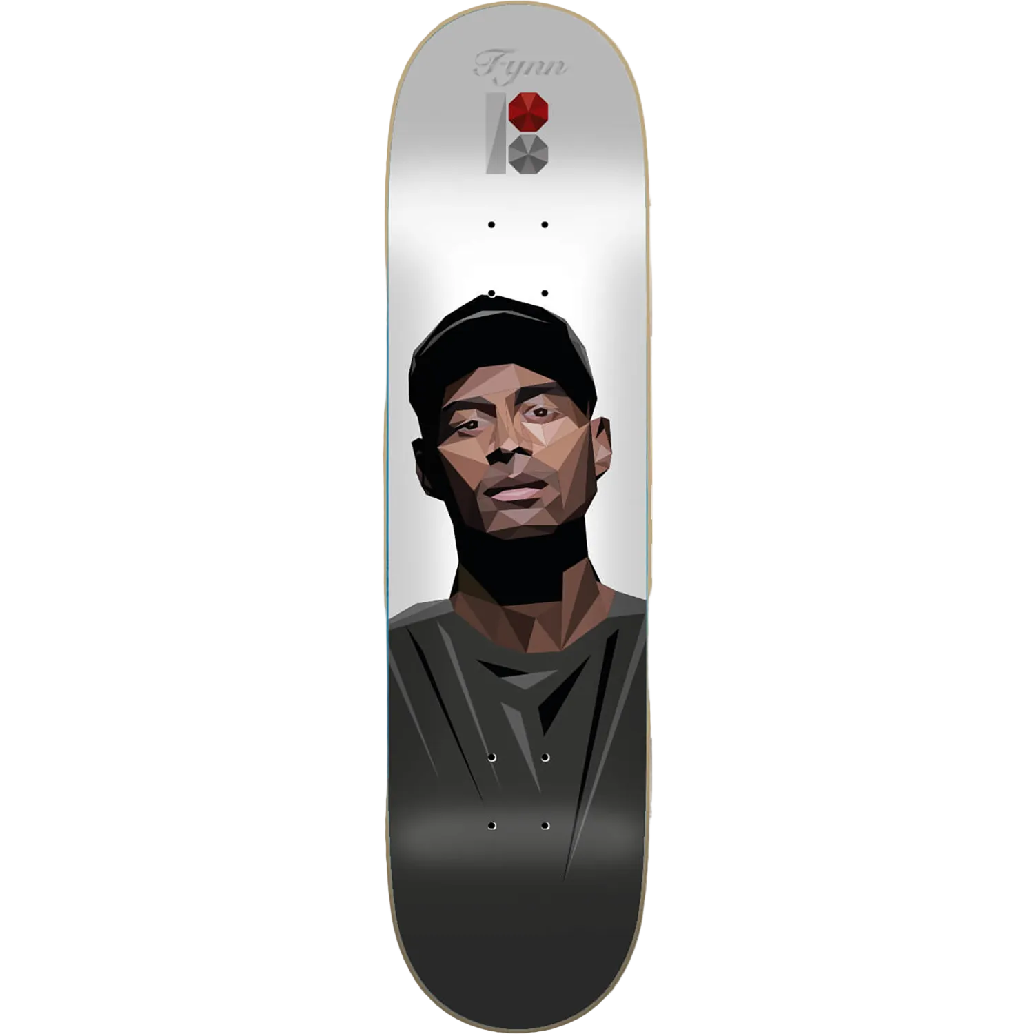 Skateboard deck with a graphic of a person's face on a white background