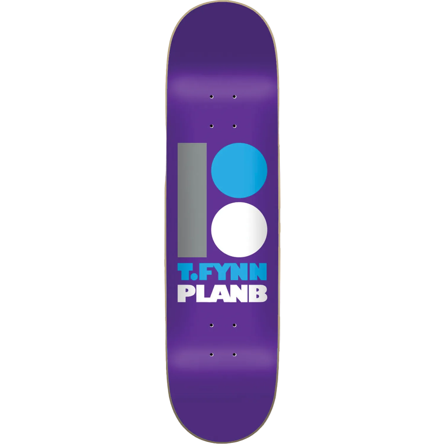 Purple skateboard deck with blue and gray design and text on a white background