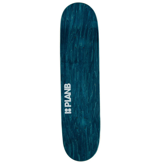 A dark teal blue wooden skateboard deck with a prominent white 'PLANB' logo printed vertically on the side, shown against a plain white background.