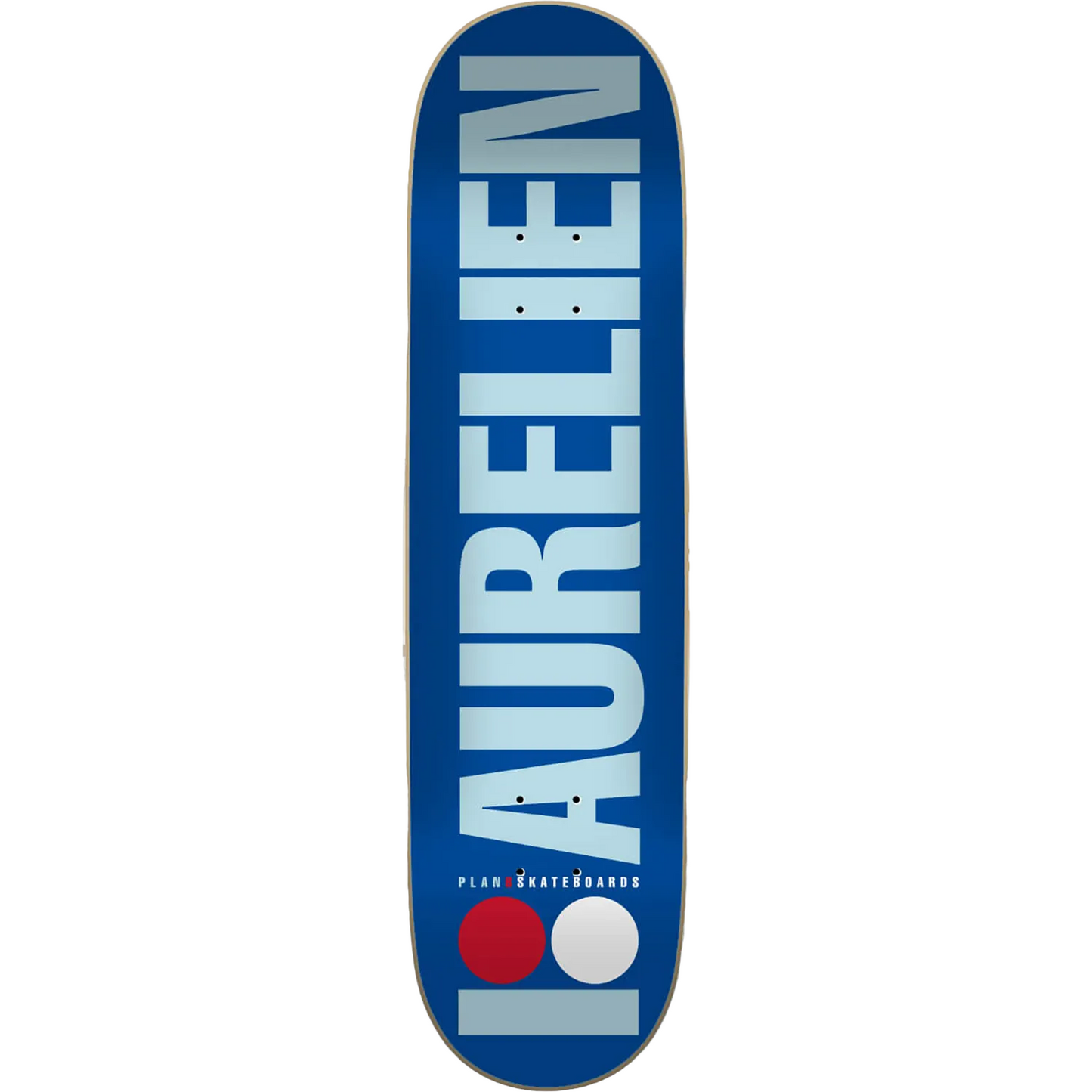Skateboard deck with 'Aurelien' branding on a blue background