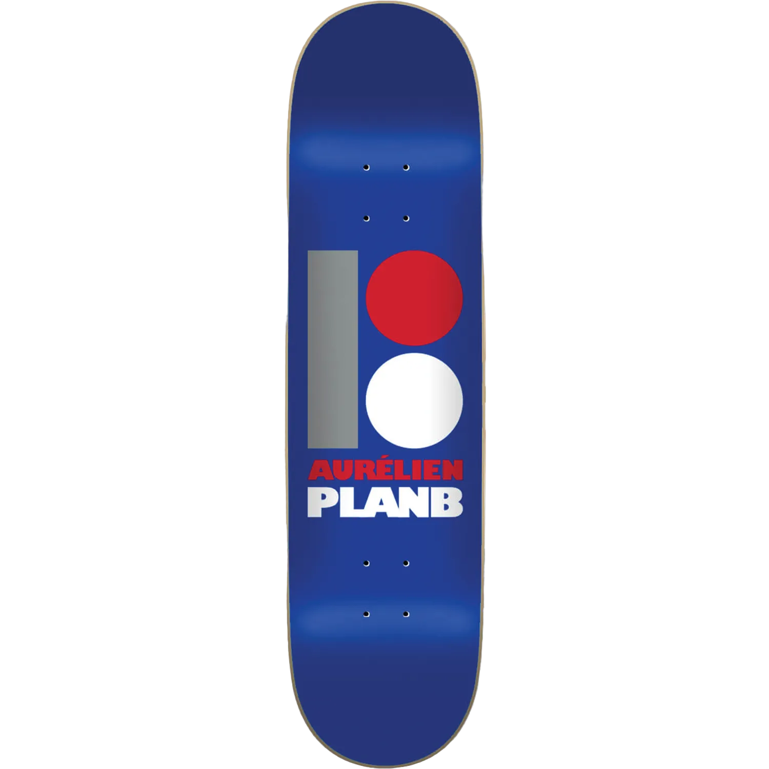 Blue skateboard deck with red, white, and gray design on a white background
