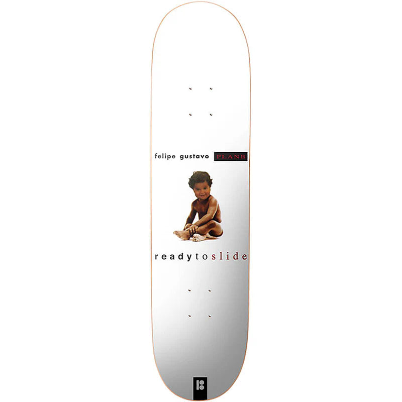 Skateboard deck with a child sitting on the ground and text on a white background