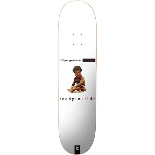 Skateboard deck with a child sitting on the ground and text on a white background