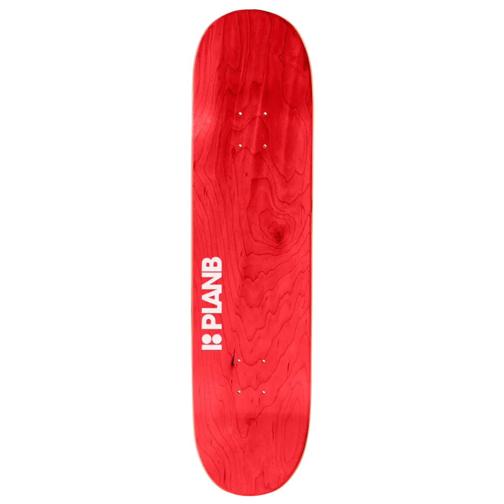 Red skateboard deck with 'PLANB' logo on a white background
