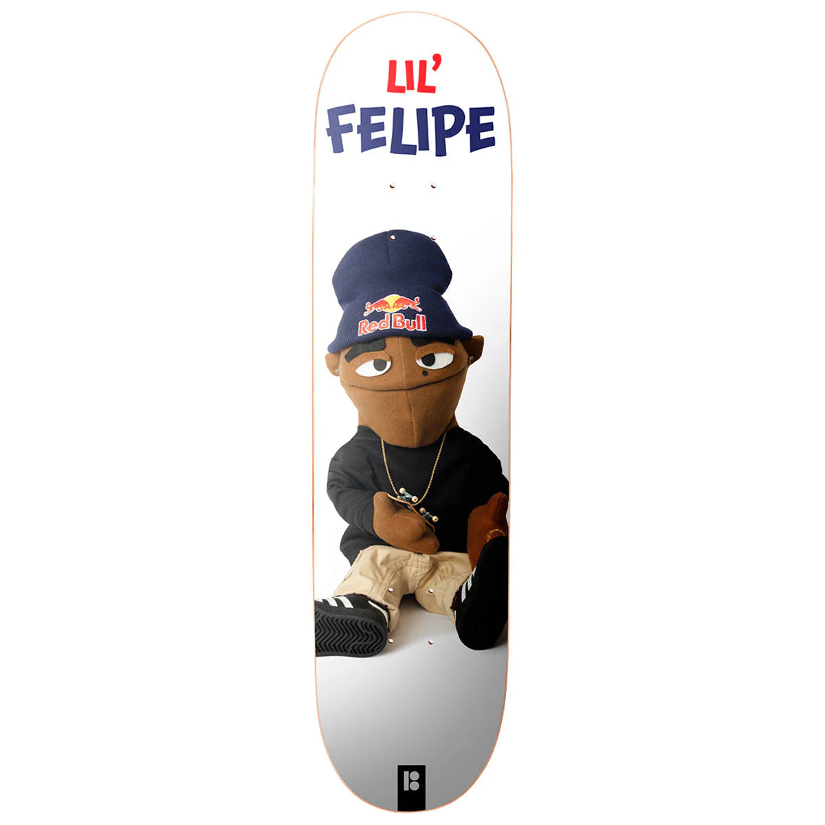 Skateboard deck with a plush toy resembling a bear wearing a Red Bull cap, on a white background.