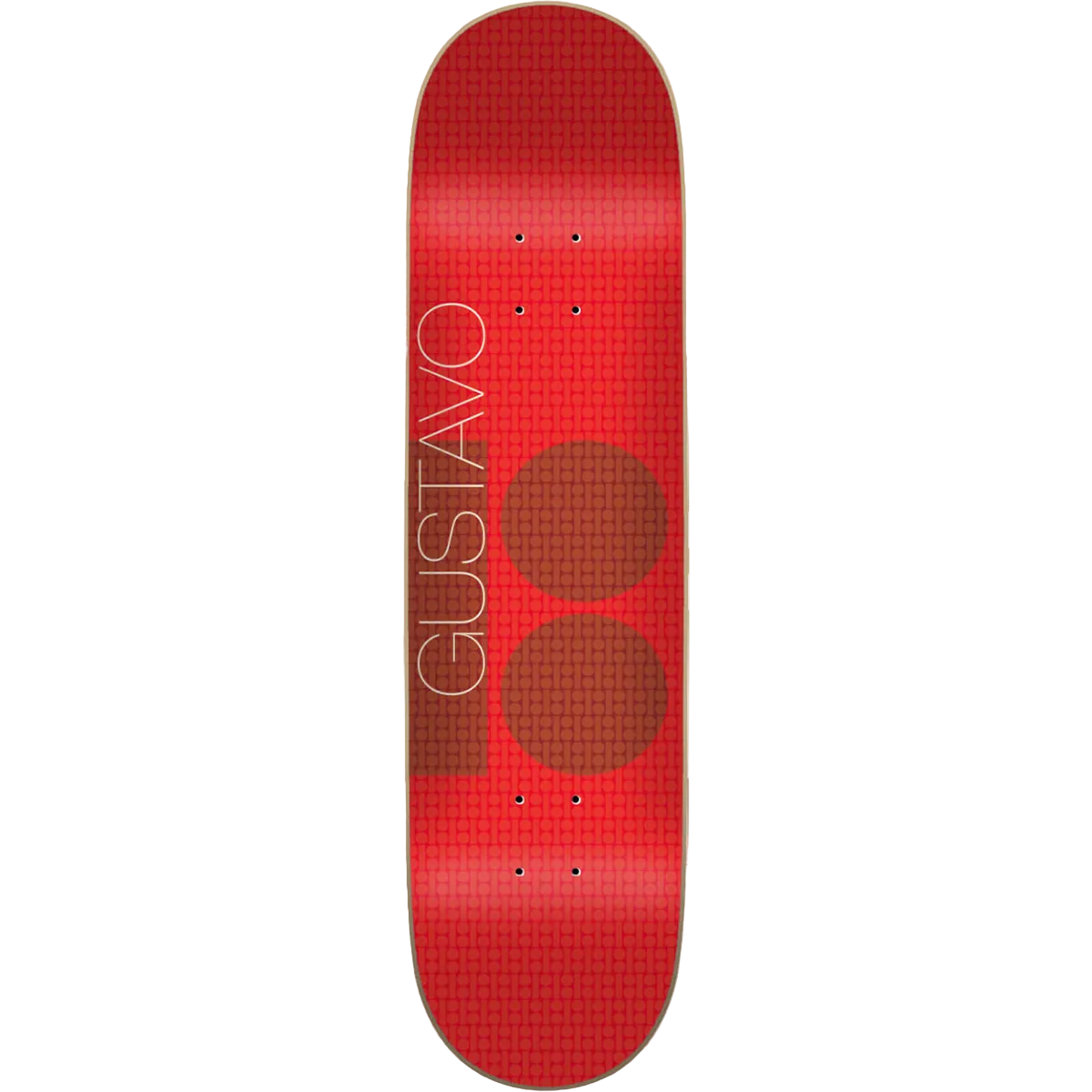 Red skateboard deck with 'Gustavo' branding on a white background