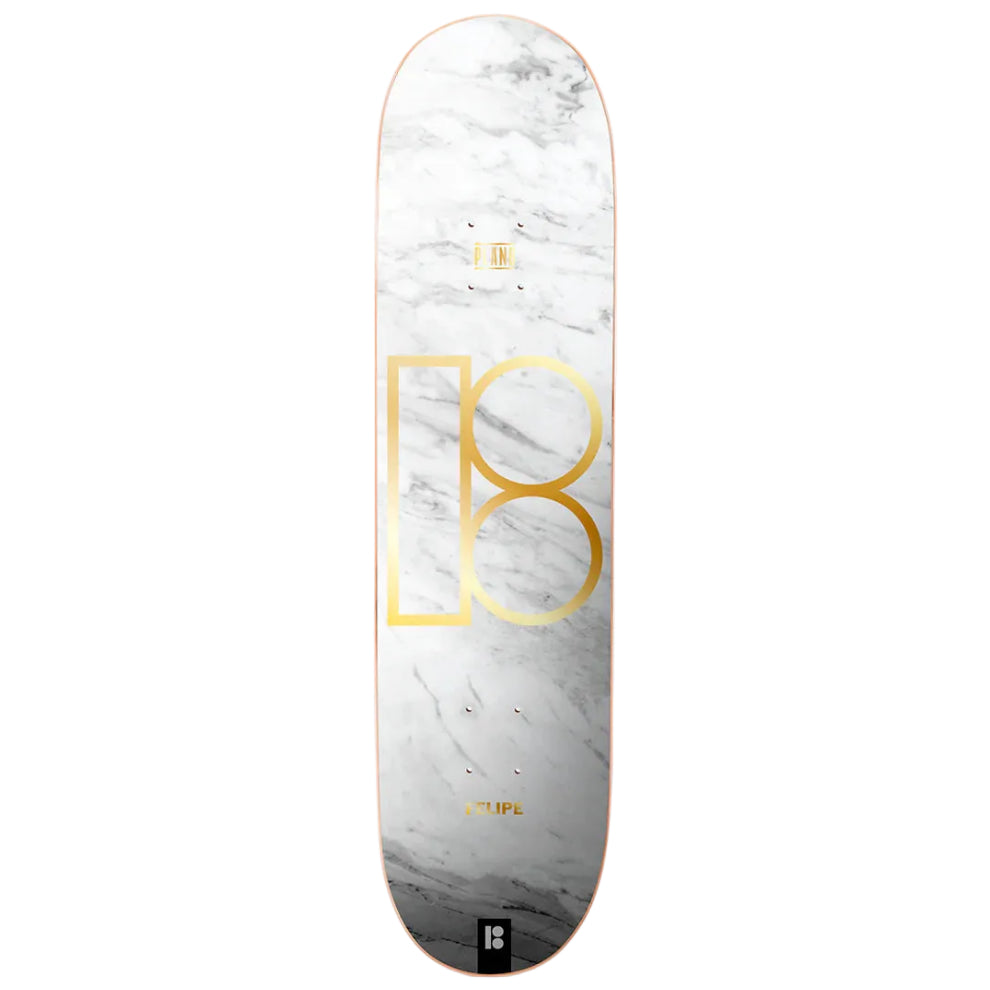 Marble-patterned skateboard deck with gold logo on a white background