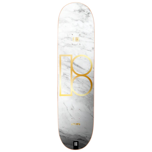 Marble-patterned skateboard deck with gold logo on a white background