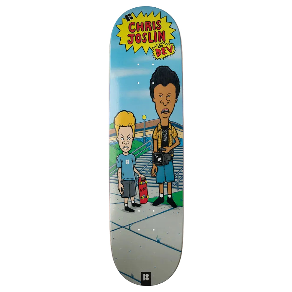 Skateboard deck with cartoon characters and 'Chris Joslin' text on a blue sky background