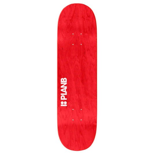 Red skateboard deck with 'Pianb' logo on a white background