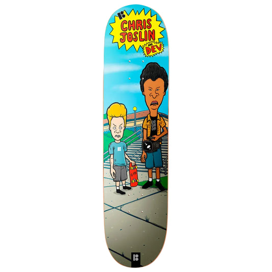 Skateboard deck with cartoon characters and 'Chris Joslin' branding on a white background