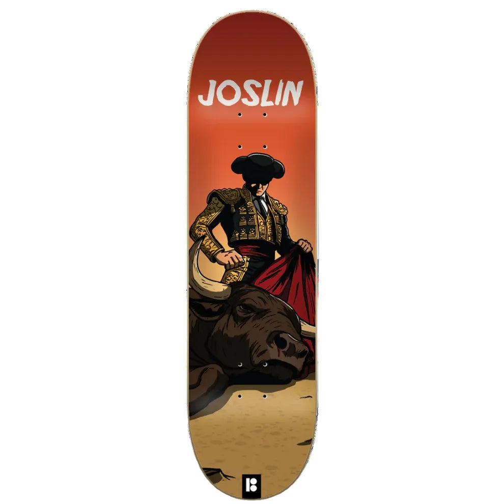 Skateboard deck with a graphic of a matador and bull, and the brand 'Joslin' on an orange background.