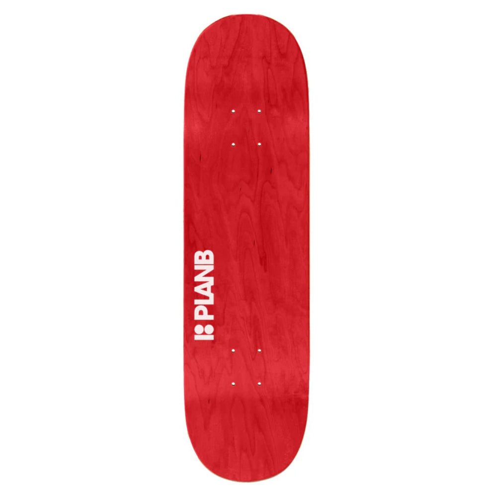 Red skateboard deck with 'Pianb' logo on a white background