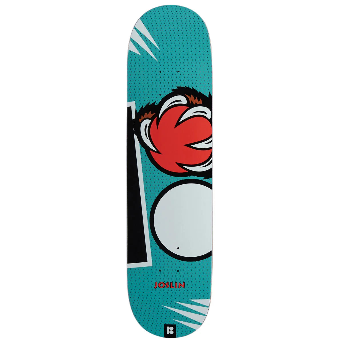 A teal skateboard deck featuring a bold graphic design with a red and white cartoon face, black and white geometric shapes, and the Josslin' brand name near the bottom.