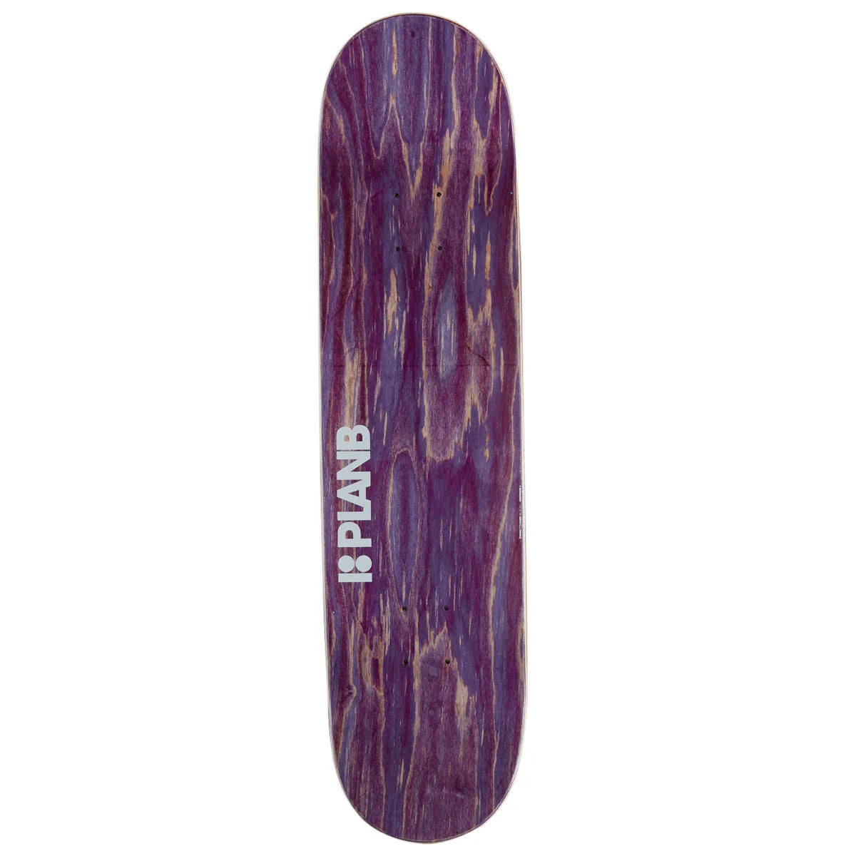 A skateboard deck with a purple and brown wood-grain pattern, featuring the brand name '18 PLANB' printed vertically in white on the left side, set against a plain white background.