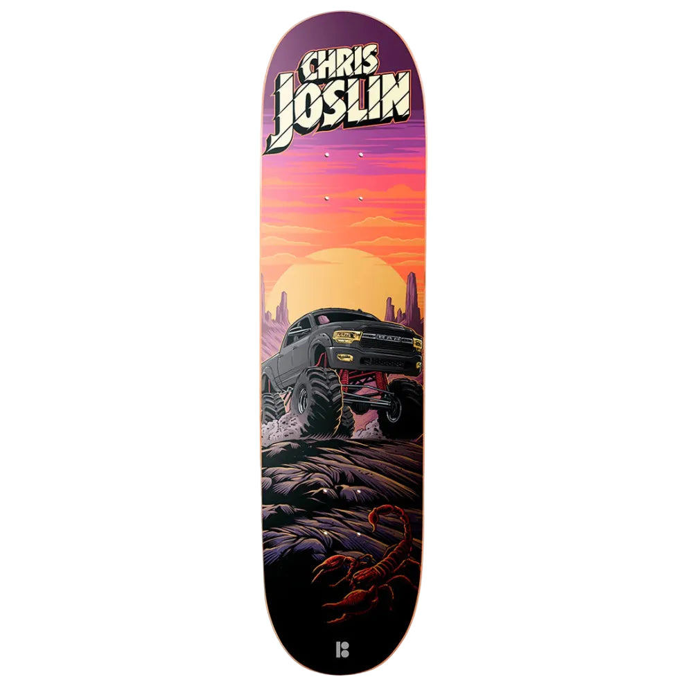 Skateboard deck with a desert scene and sunset design, featuring the name 'Chris Joslin'.