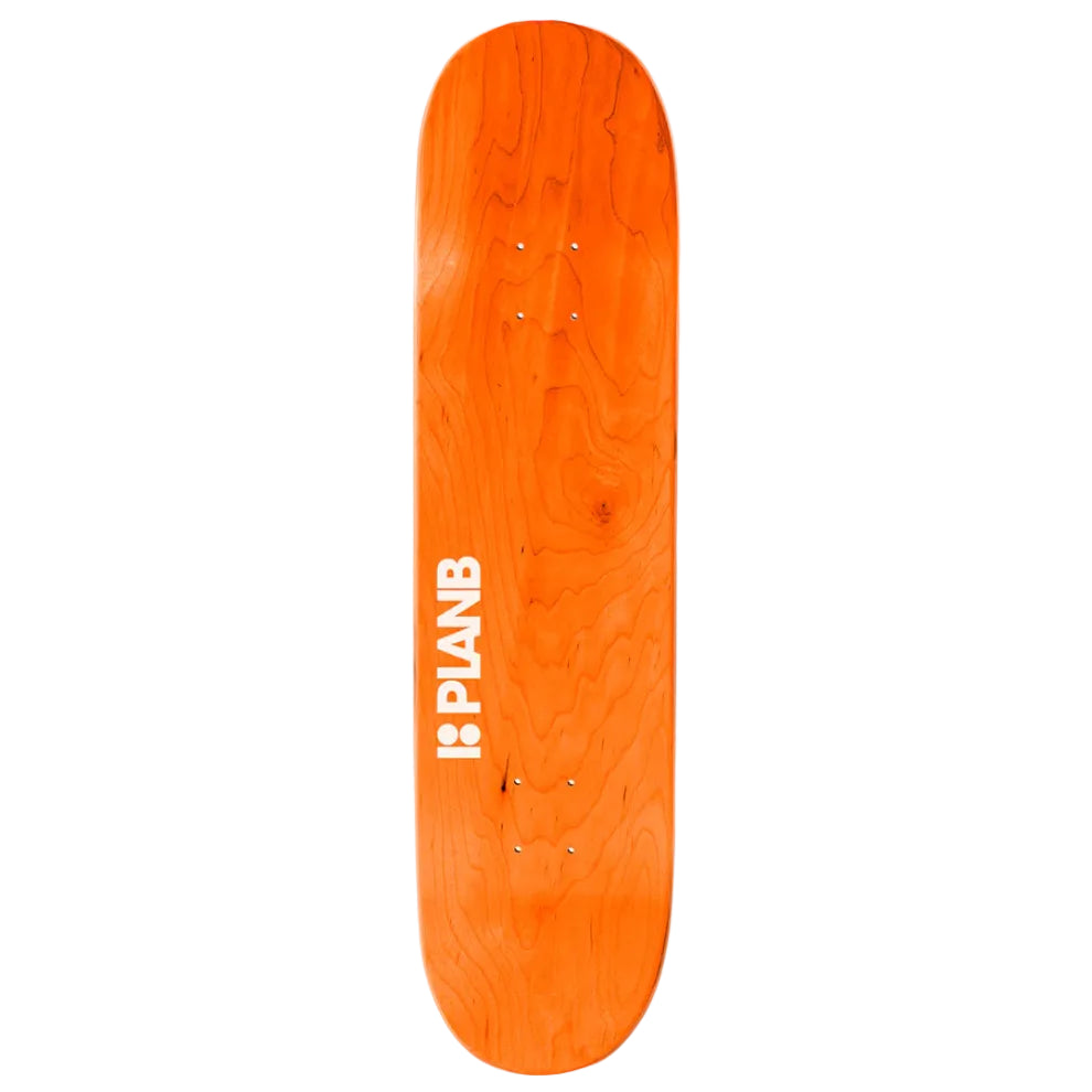 Orange skateboard deck with 'PLAN B' logo on a white background