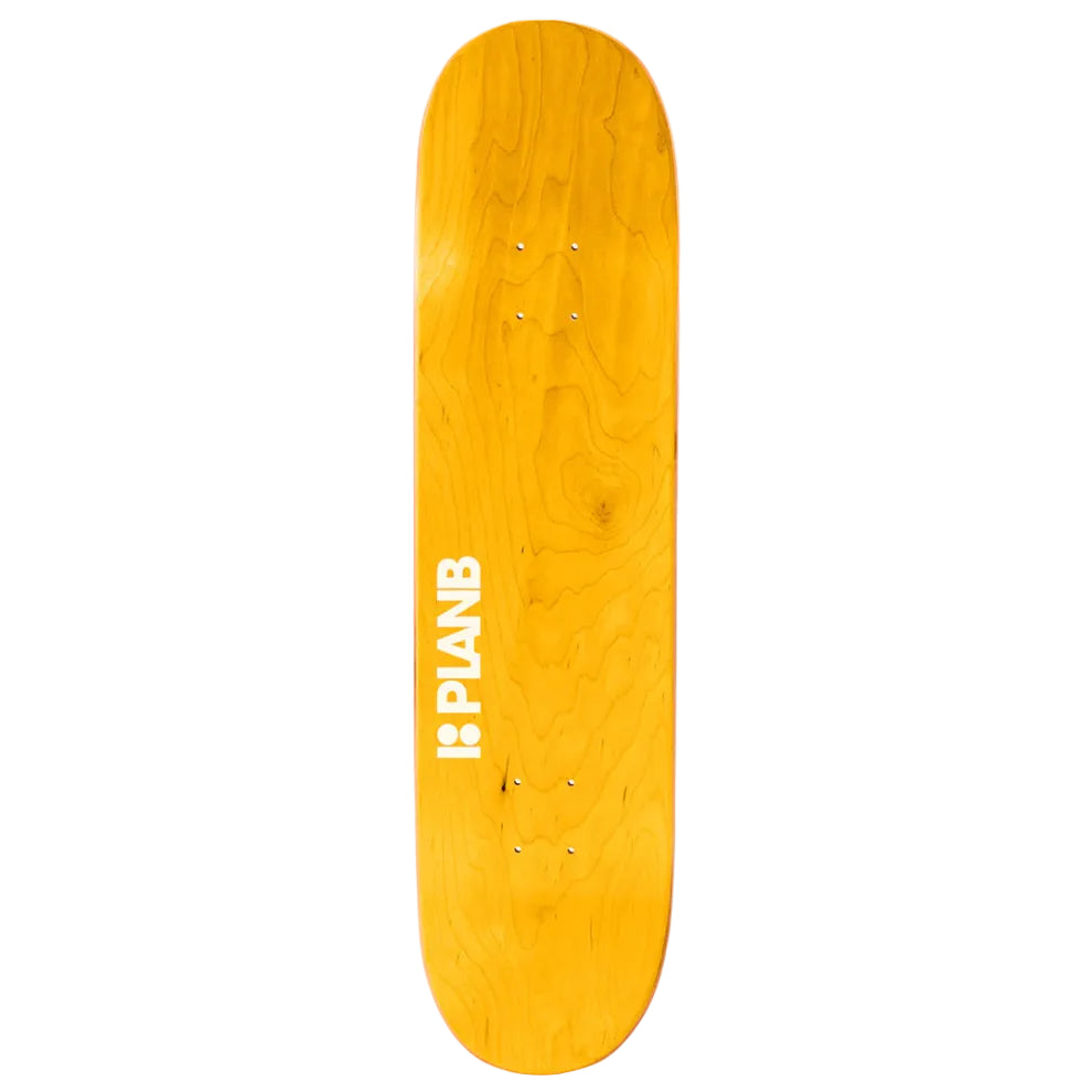 Yellow skateboard deck with 'PLANB' logo on a white background