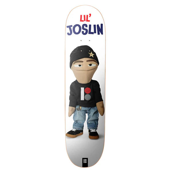 Skateboard deck with a plush toy figure and 'Lil' Joslin' branding on a white background