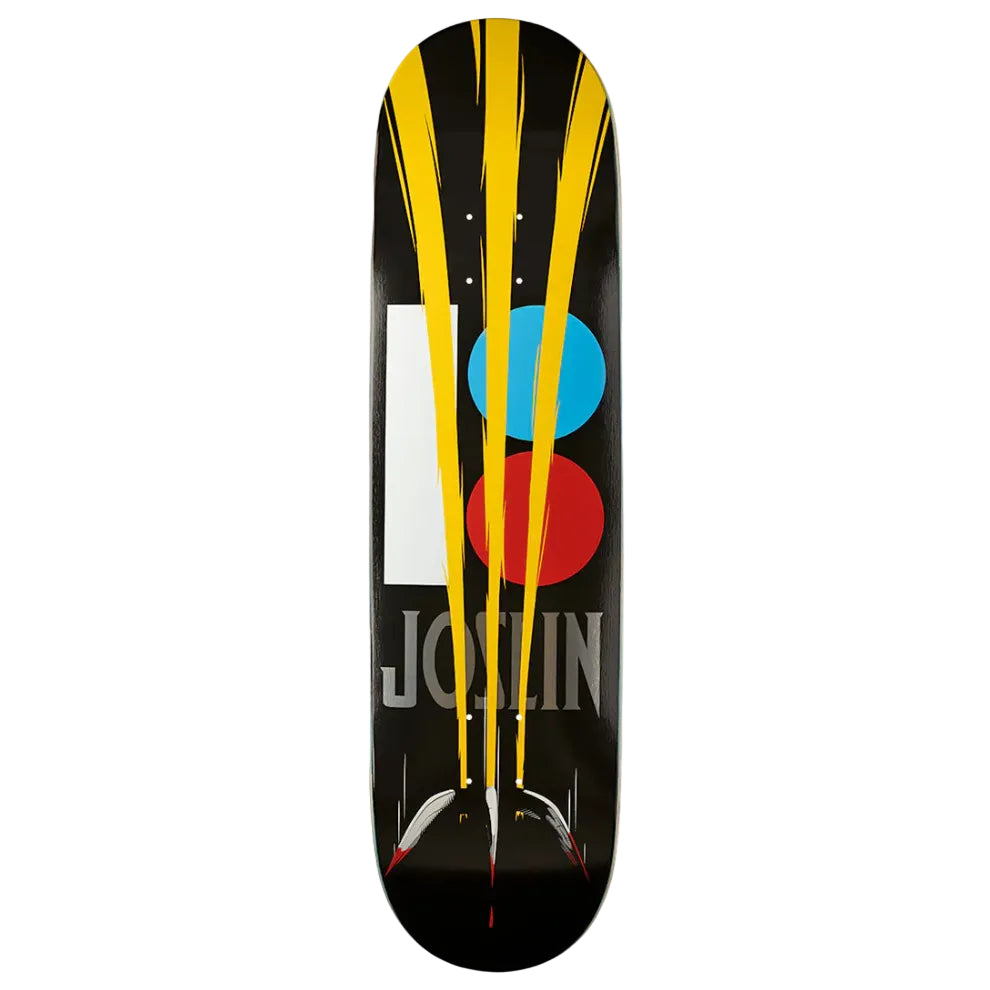 Skateboard deck with colorful design on a white background