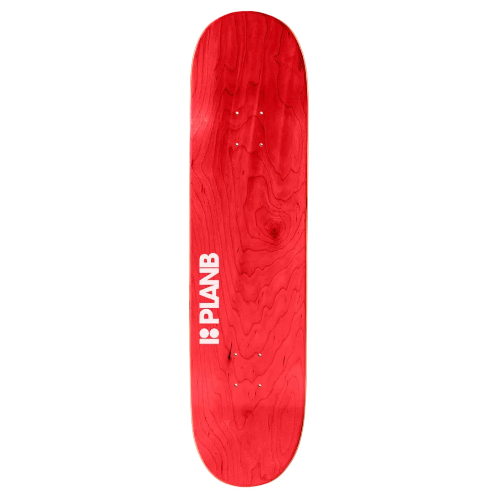 Red skateboard deck with 'PLANB' logo on a white background